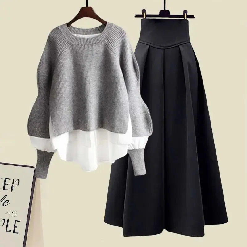 LANFUBEISI Spliced Knitted Sweater Shirt Pullover Slim Fit Half Skirt Two Piece Elegant Women's Dress Set Winter Outfits