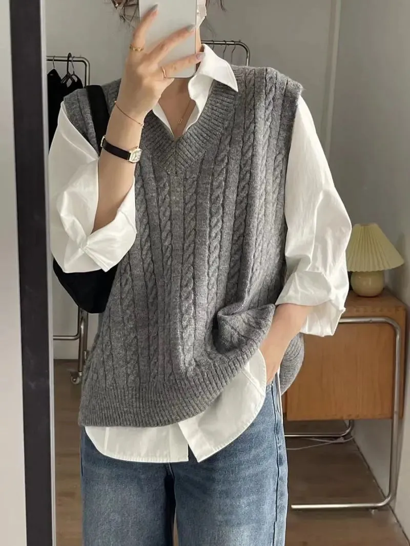 LANFUBEISI V Neck Knitted Vest Sweater Sleeveless Women Khaki Casual Pullover Black Autumn Winter Gray Jumper Fashion