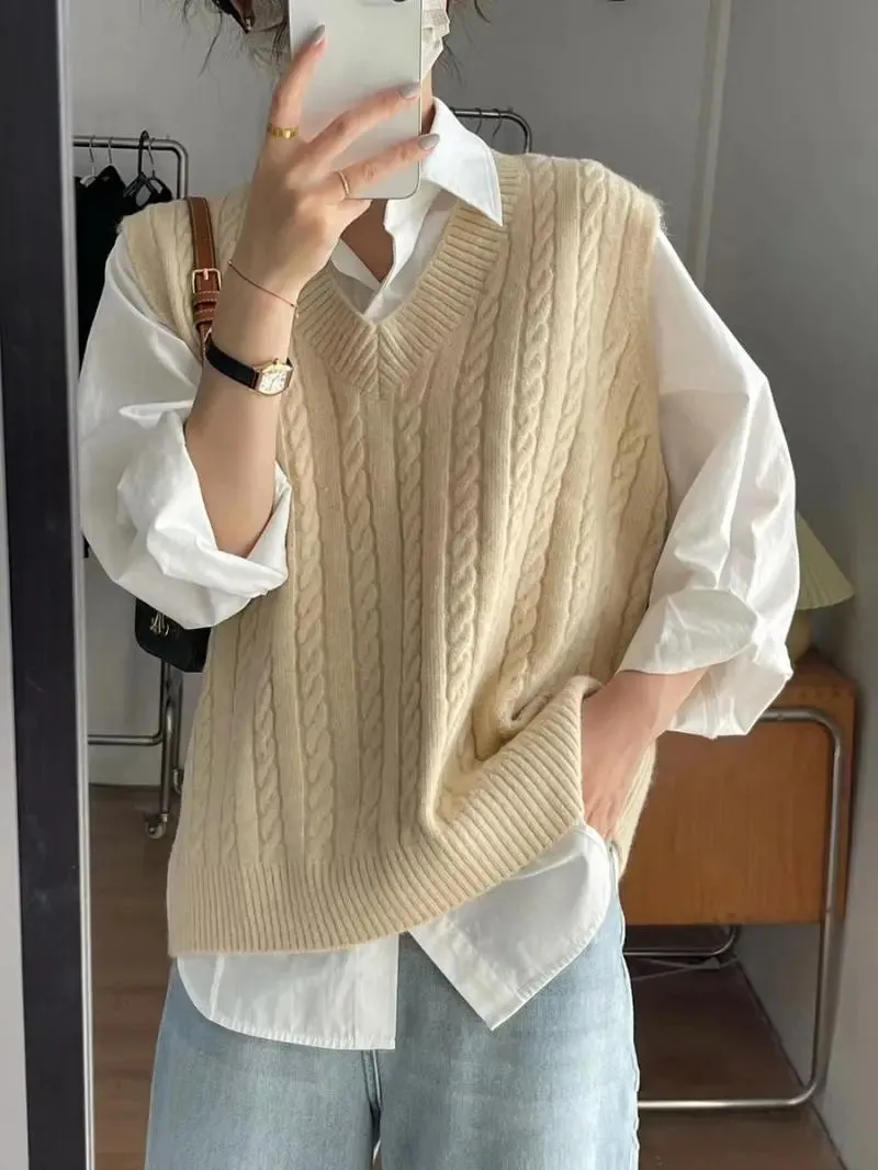 LANFUBEISI V Neck Knitted Vest Sweater Sleeveless Women Khaki Casual Pullover Black Autumn Winter Gray Jumper Fashion