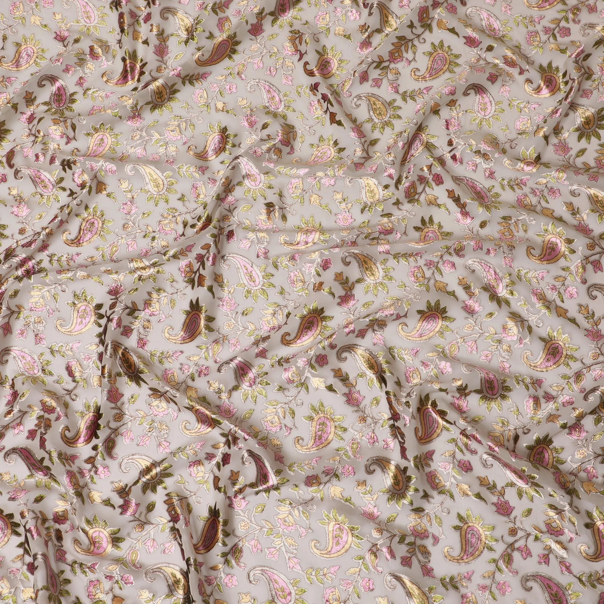 Latte beige synthetic chiffon fabric with multicolor velvet burnout print in paisley design-D14169