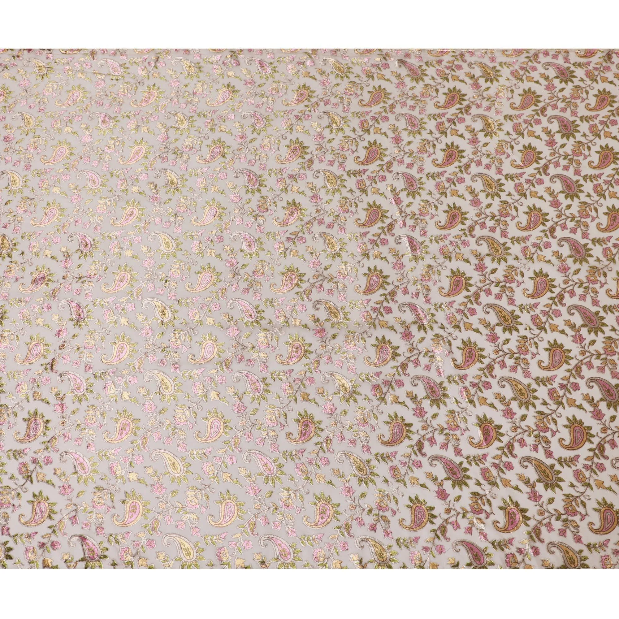 Latte beige synthetic chiffon fabric with multicolor velvet burnout print in paisley design-D14169