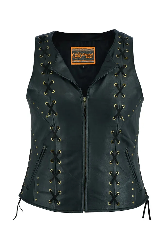 Leather Women's SXY Zippered Vest with all over Lacing Detail