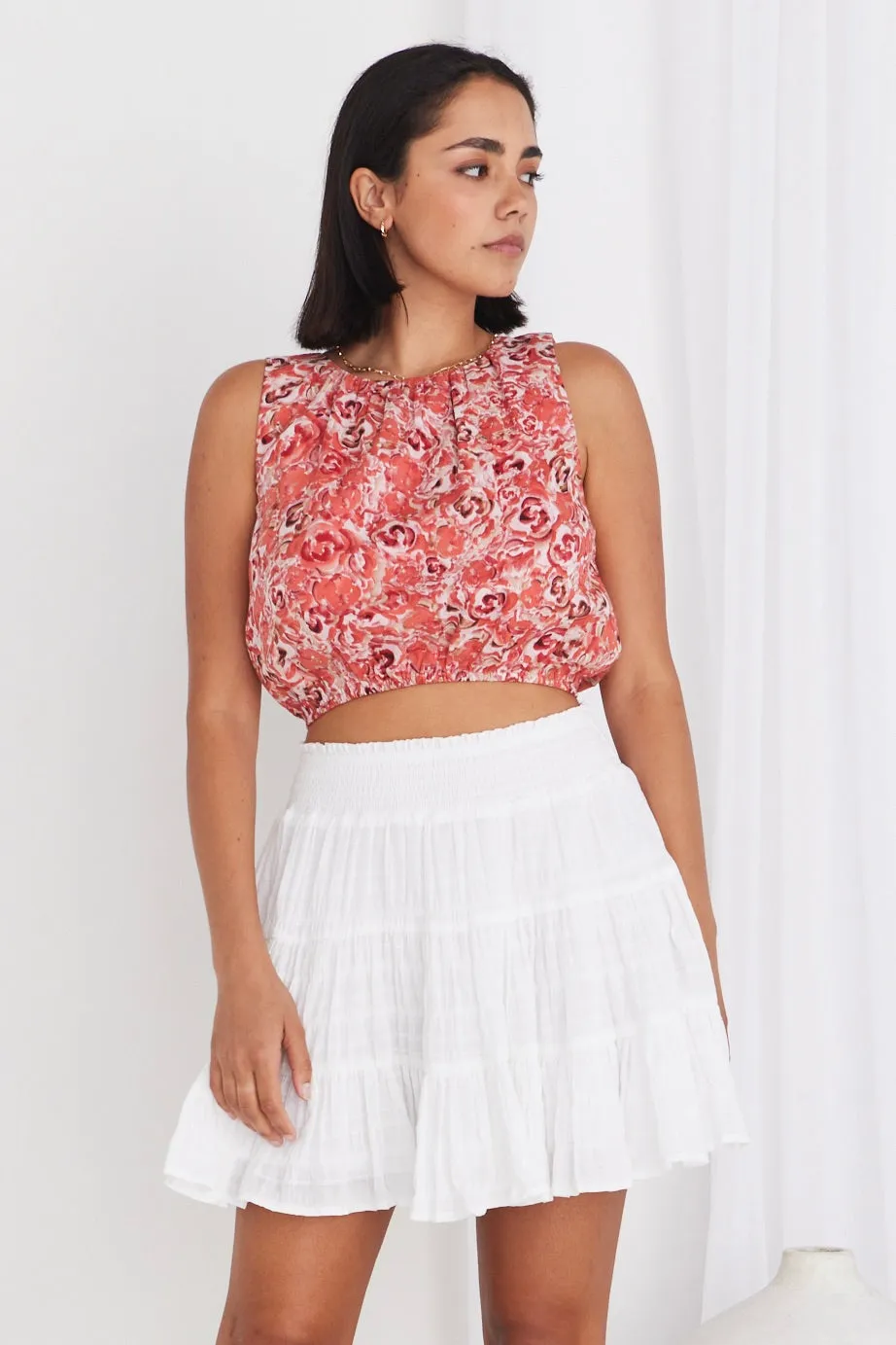 Lexi White Shirred Cotton Multi Tiered Mini Skirt