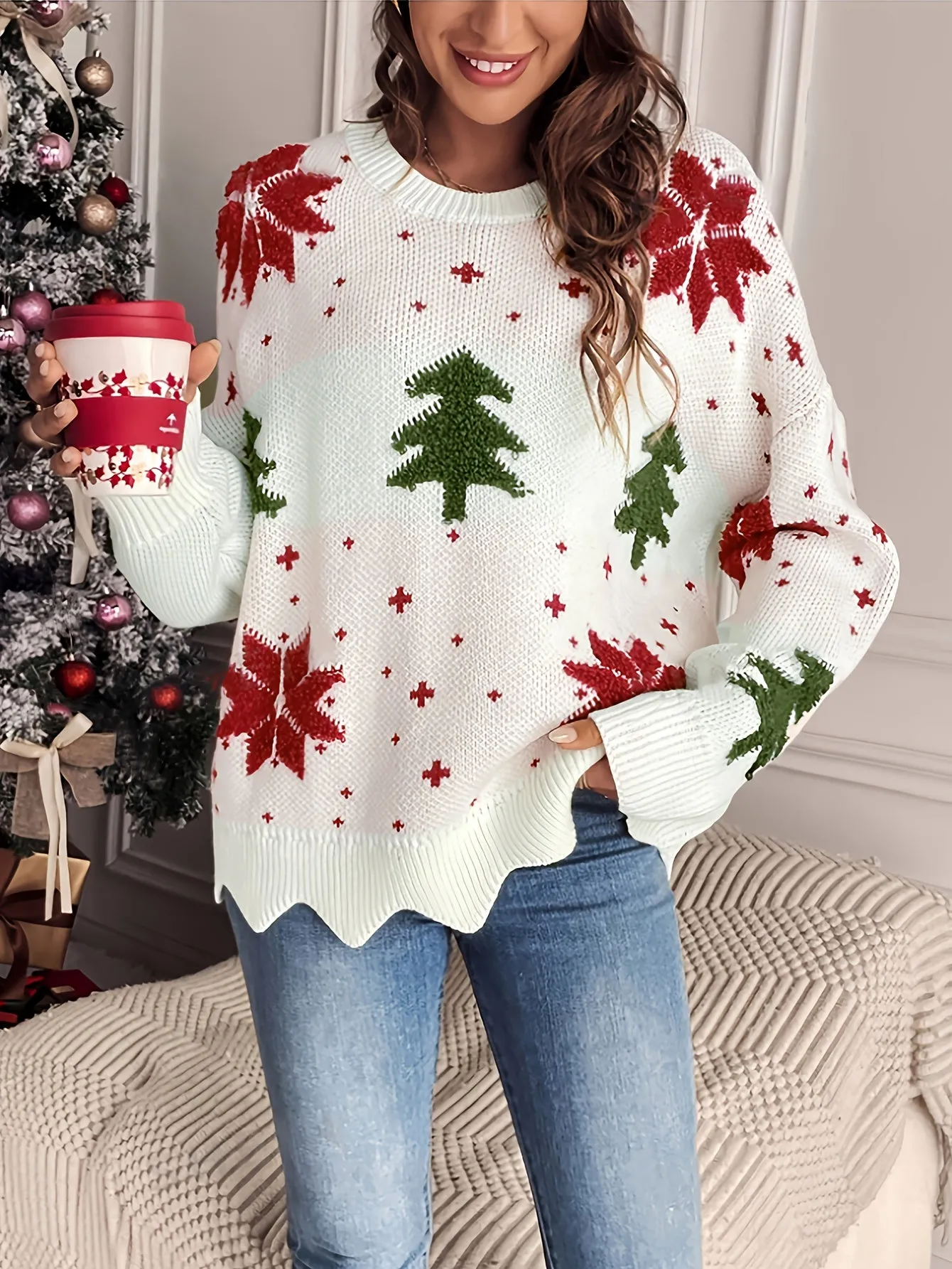 Long Sleeve Casual Christmas Pattern Crew Neck Sweater for Fall & Winter, Women's Clothing