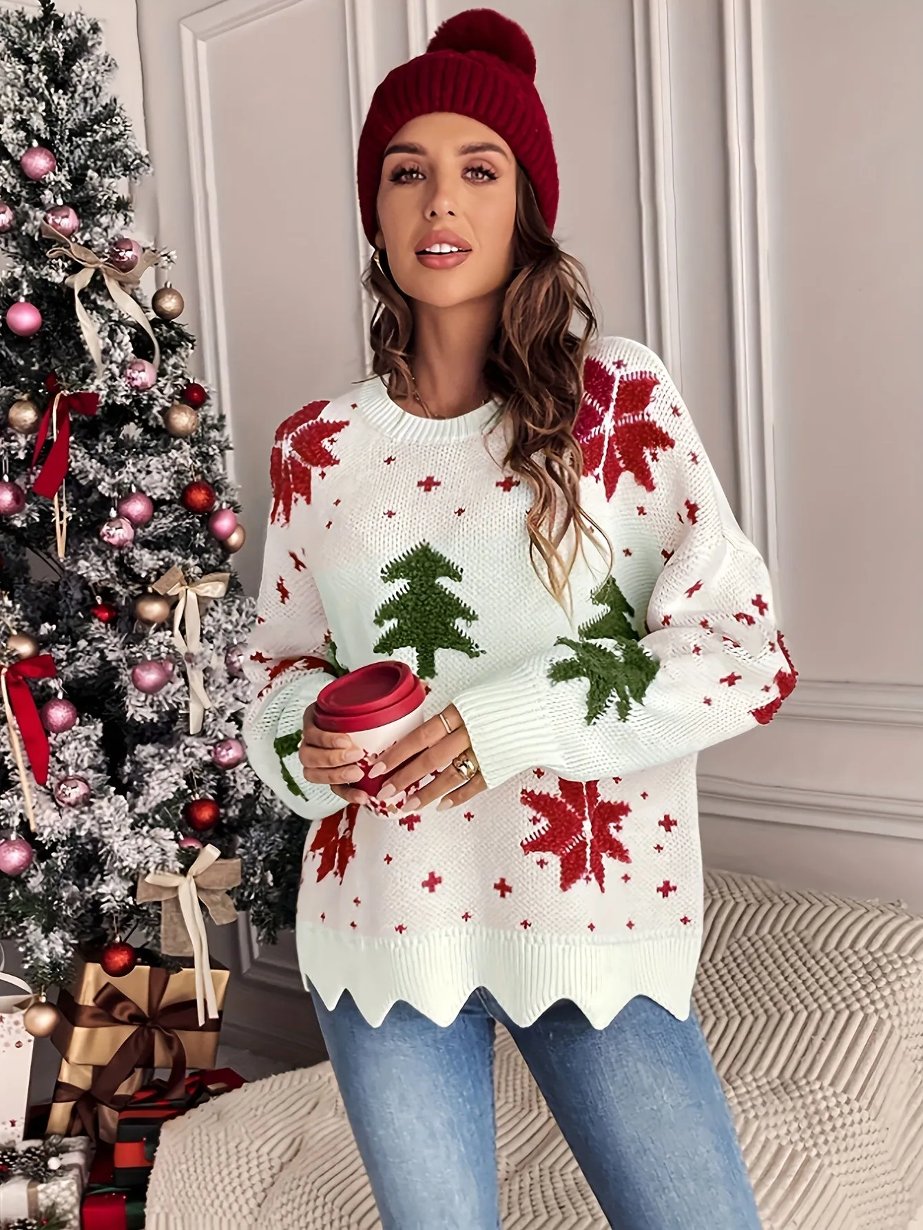 Long Sleeve Casual Christmas Pattern Crew Neck Sweater for Fall & Winter, Women's Clothing