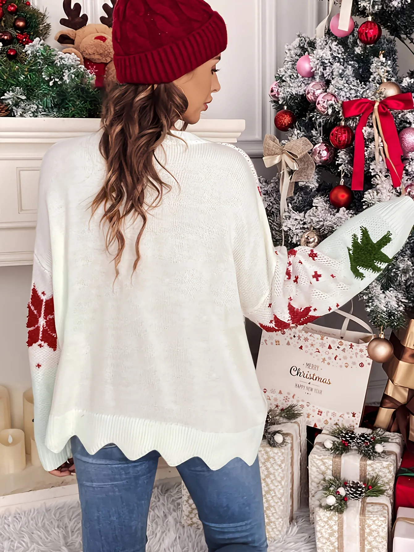 Long Sleeve Casual Christmas Pattern Crew Neck Sweater for Fall & Winter, Women's Clothing