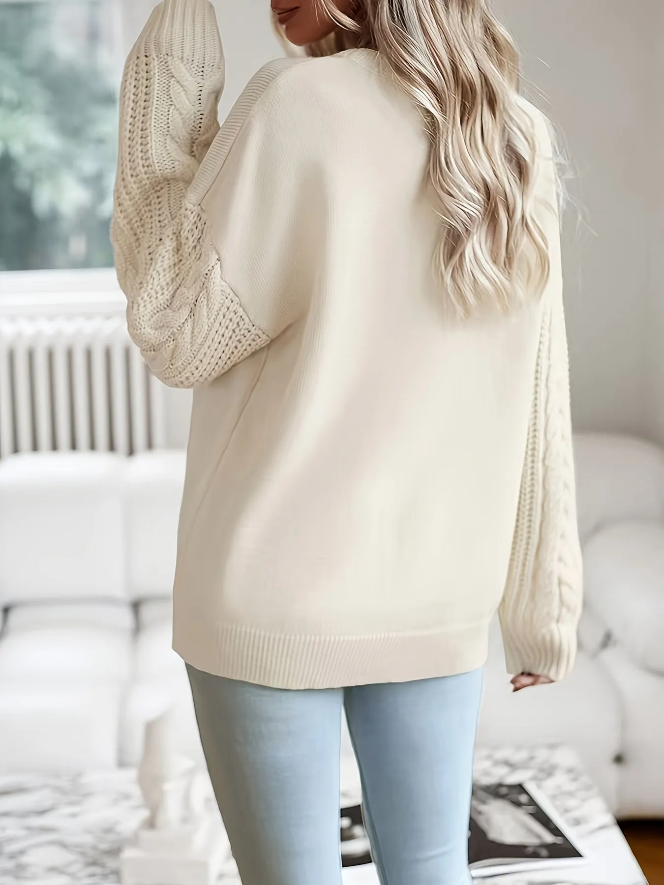 Long Sleeve Casual Drop Shoulder Cable Knit Crew Neck Letter Pattern Sweater for Winter & Fall, Women's Clothing