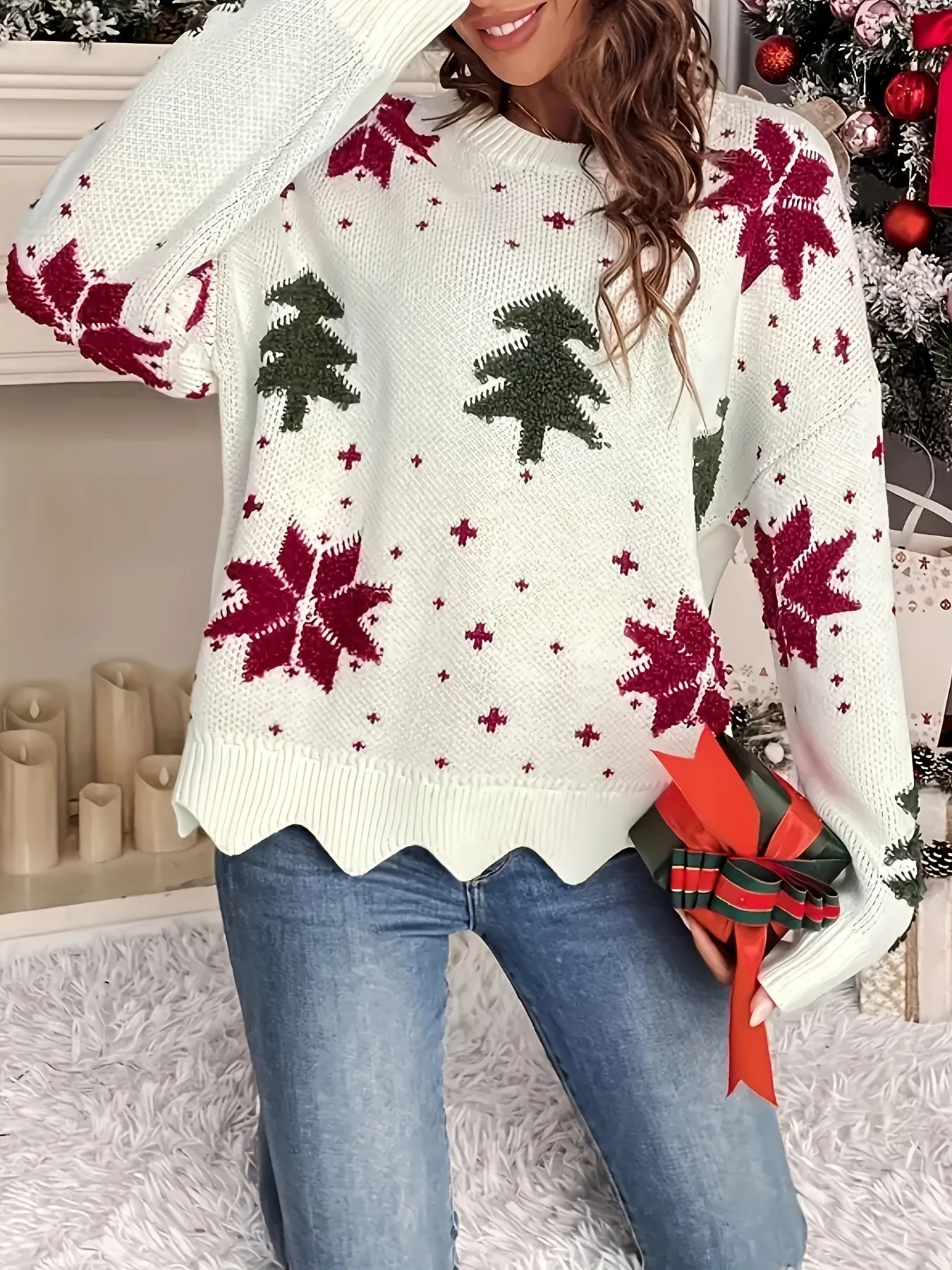 Long Sleeve Christmas Tree Pattern Pullover Sweater for Fall & Winter, Casual Scallop Trim Women's Clothing