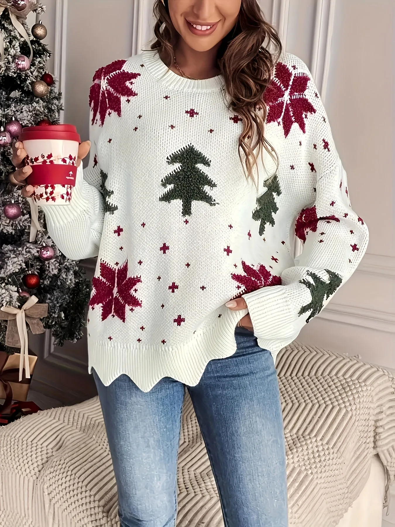 Long Sleeve Christmas Tree Pattern Pullover Sweater for Fall & Winter, Casual Scallop Trim Women's Clothing