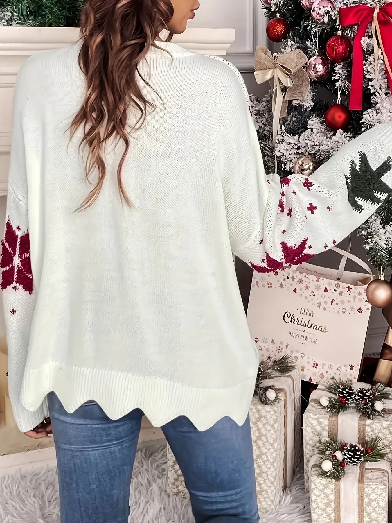 Long Sleeve Christmas Tree Pattern Pullover Sweater for Fall & Winter, Casual Scallop Trim Women's Clothing