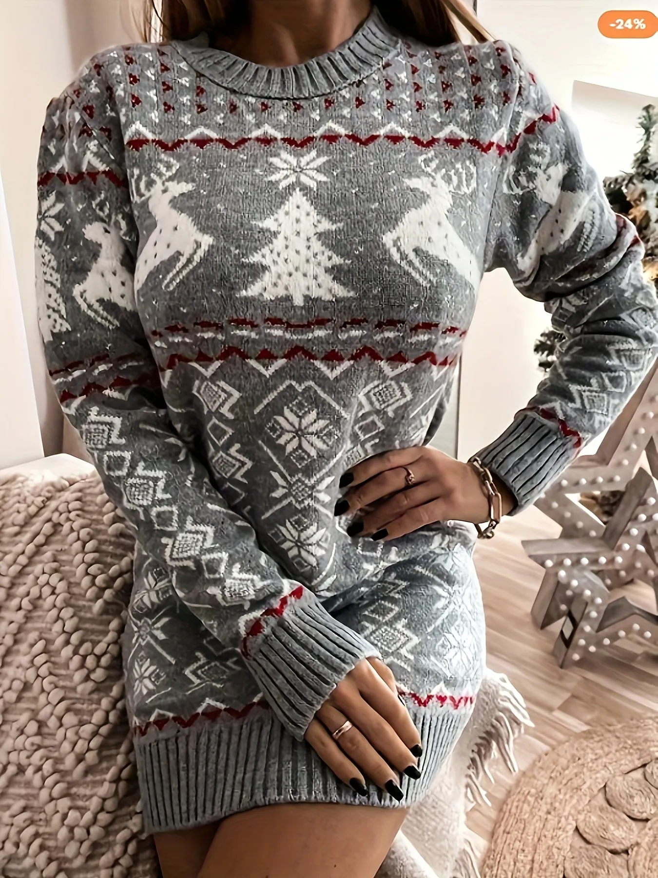 Long Sleeve Elegant Crew Neck Christmas Deer Pattern Sweater Dress for Women