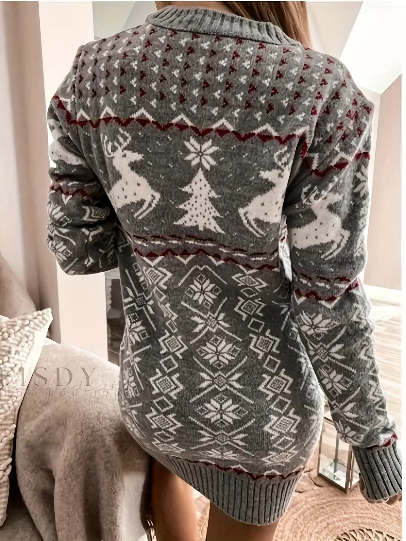 Long Sleeve Elegant Crew Neck Christmas Deer Pattern Sweater Dress for Women