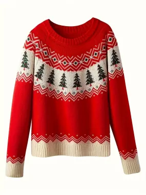 Long Sleeve Tree Pattern Casual Crew Neck Sweater for Women, Winter & Fall Clothing