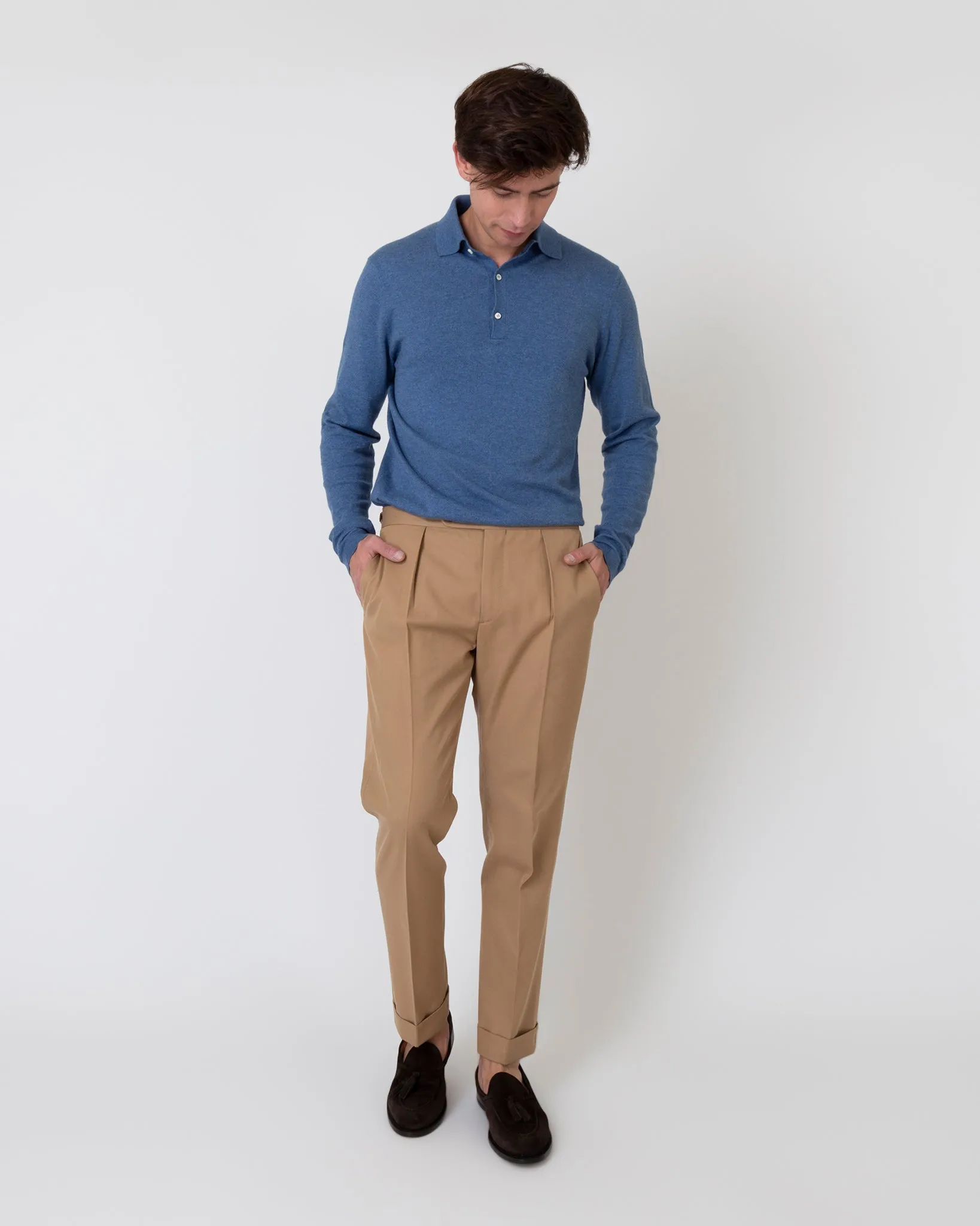 Long-Sleeved Rally Polo Sweater in Harbour Blue Cotton/Cashmere