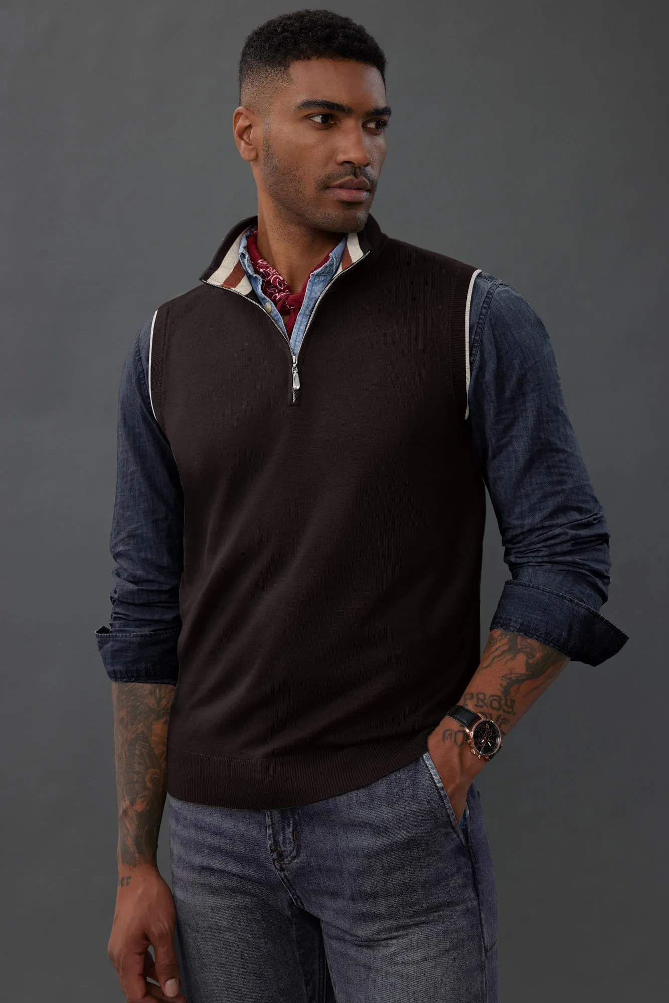 Men Stand Collar Sweater Vest Sleeveless Zip-up Neck Pullover Knitwear