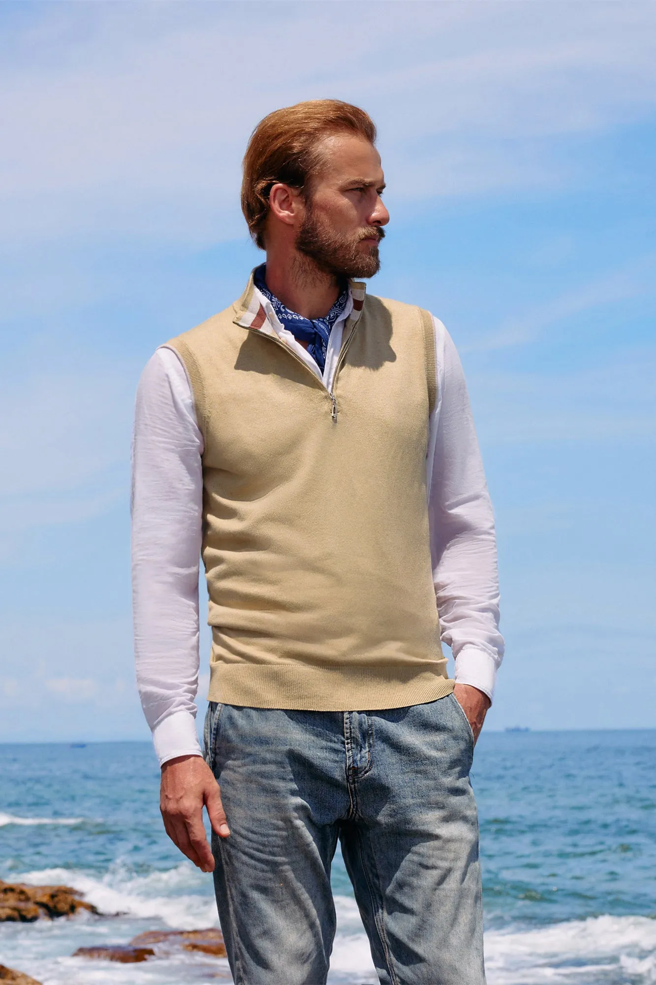 Men Stand Collar Sweater Vest Sleeveless Zip-up Neck Pullover Knitwear