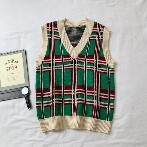 Men Sweater Vests Plaid Paneled Oversize Harajuku Casual Male Sleeveless Knitwear V-neck Loose Mens Wool Vest High Quality New