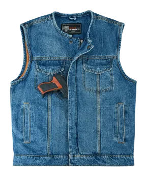 Men's Blue Denim Collarless Club Vest with Conceal Carry Pockets