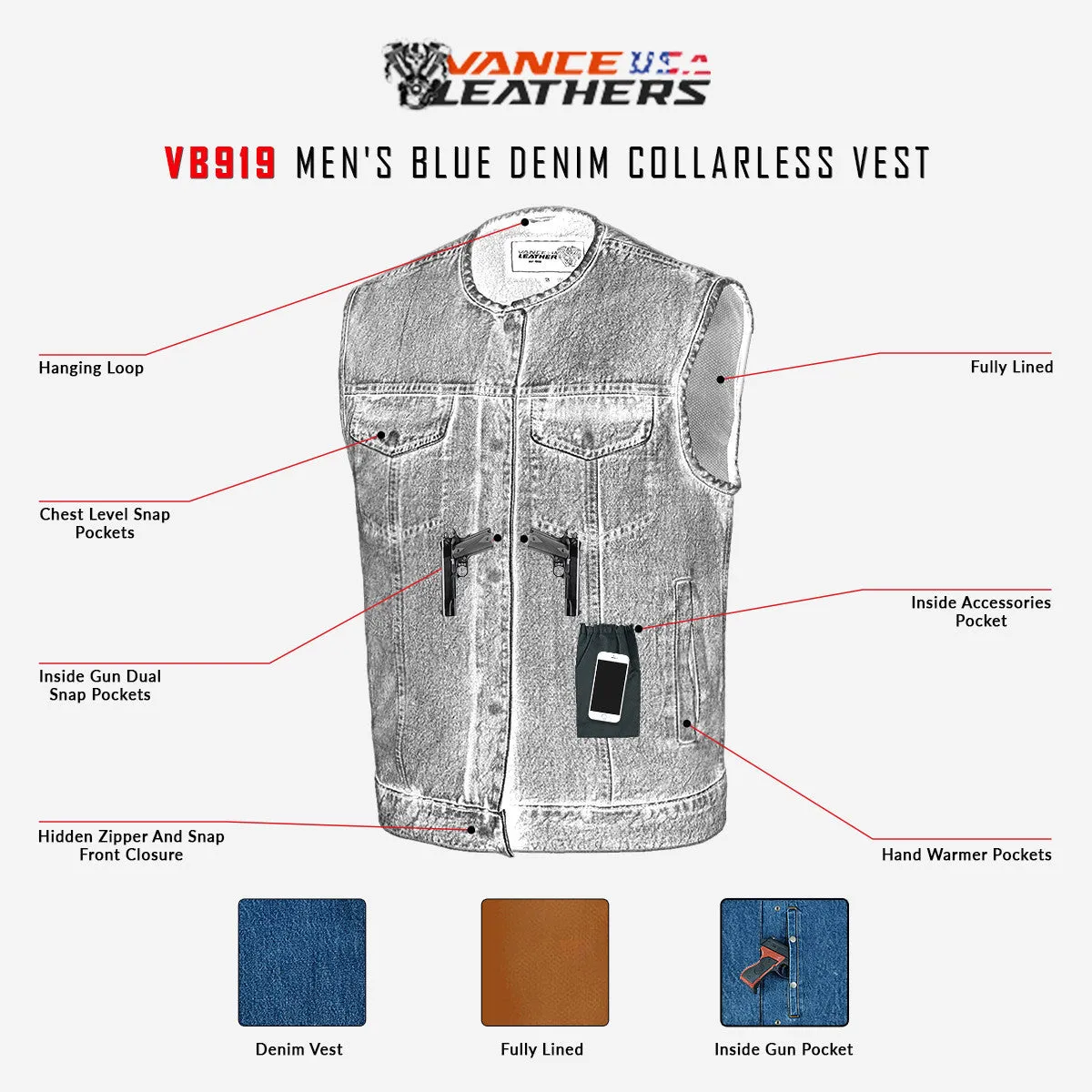 Men's Blue Denim Collarless Club Vest with Conceal Carry Pockets