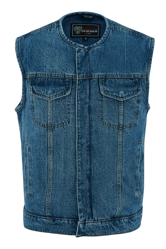 Men's Blue Denim Collarless Club Vest with Conceal Carry Pockets