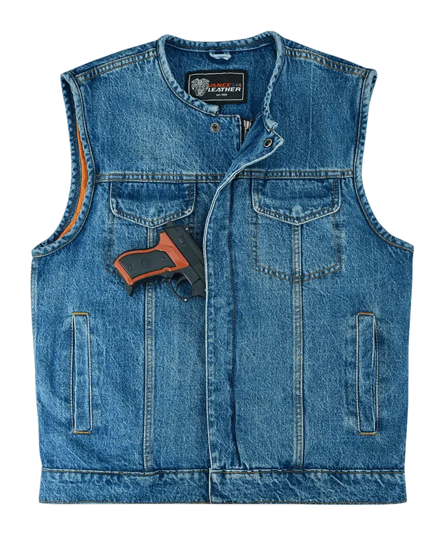 Men's Blue Denim Collarless Club Vest with Conceal Carry Pockets