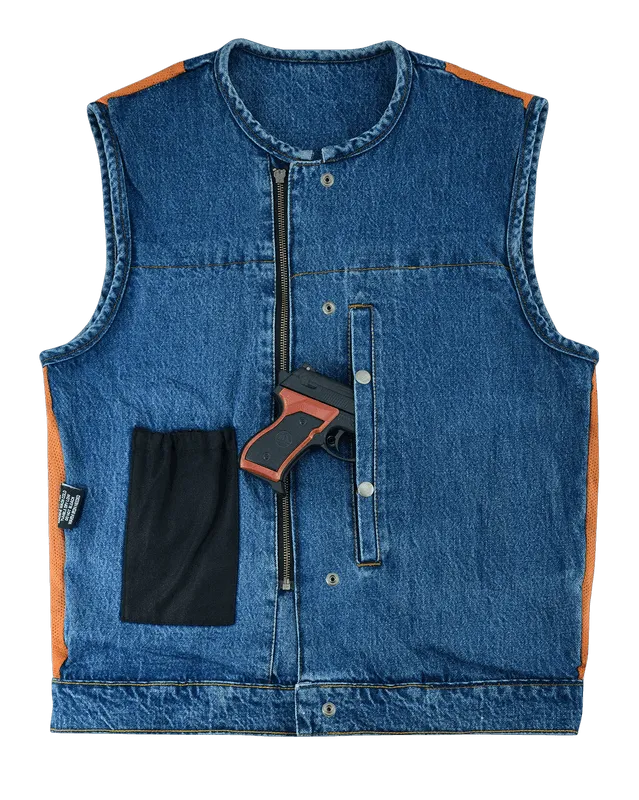 Men's Blue Denim Collarless Club Vest with Conceal Carry Pockets