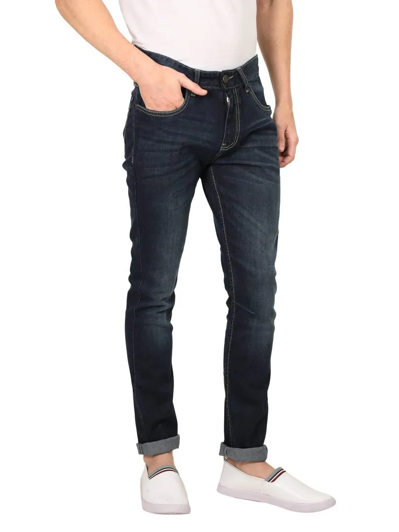 Men's Blue Denim Faded Slim Fit Mid-Rise Jeans