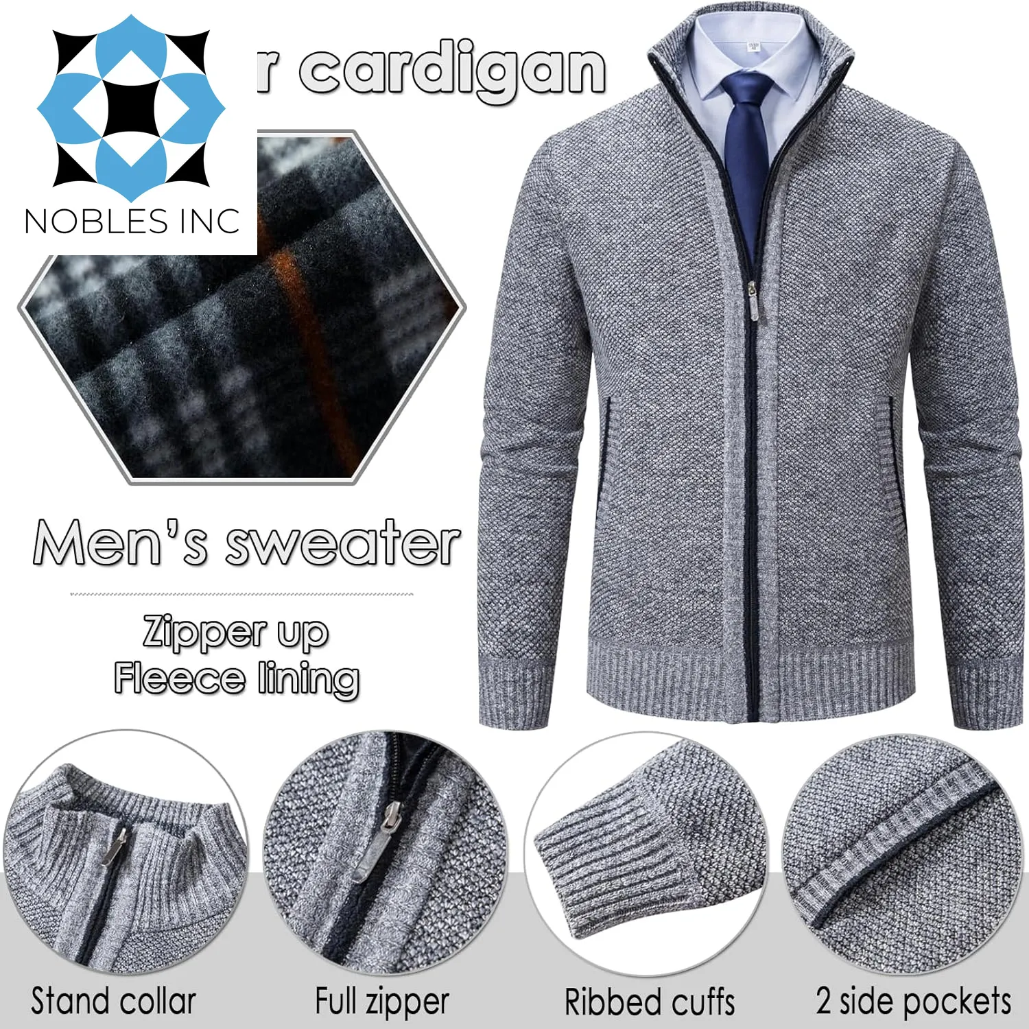 Men'S Sweaters Full Zip Slim Thick Knitted Cardigan Sweaters Jacket with Pockets