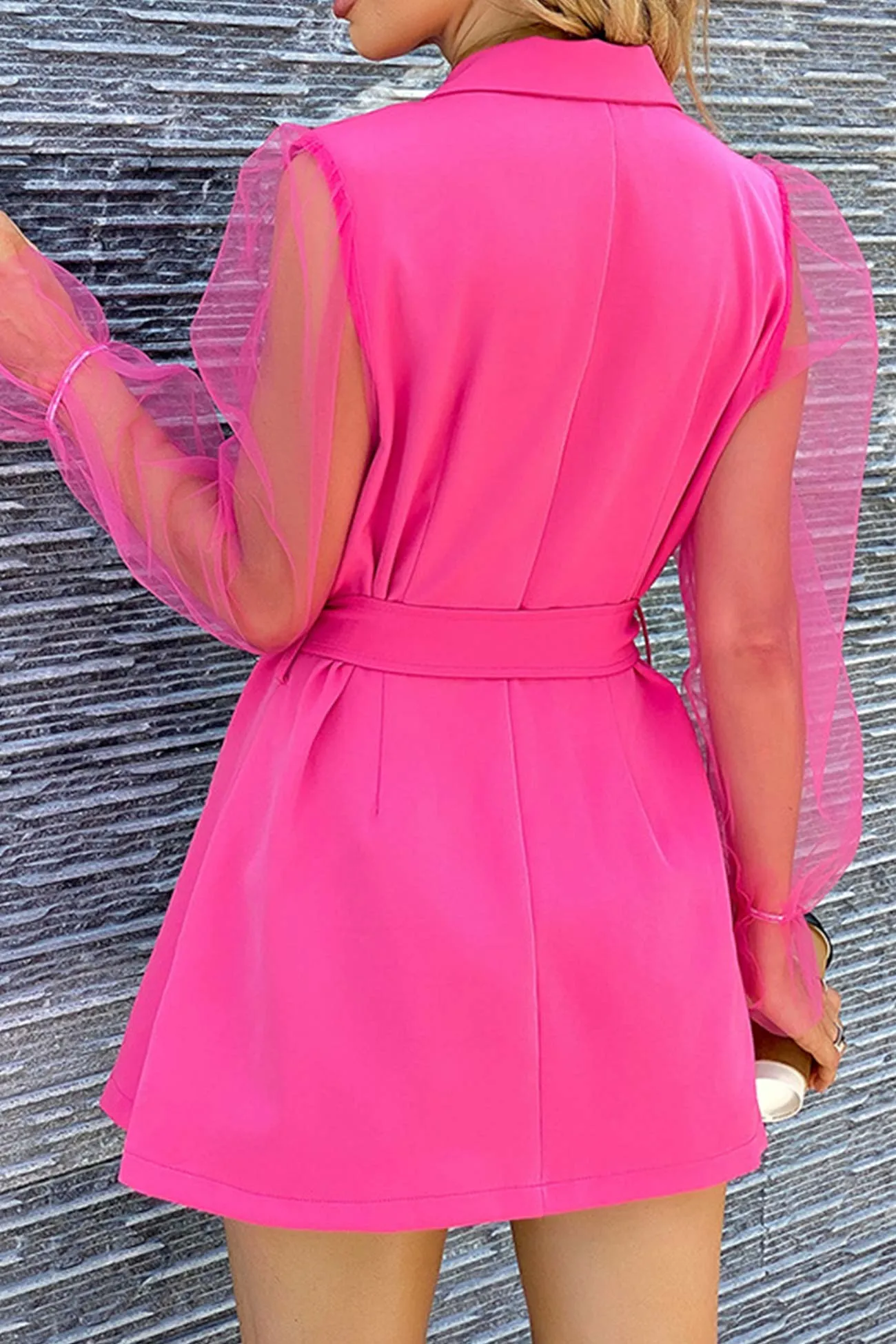 Mesh Sleeves Double-breasted Belted Blazer Dress