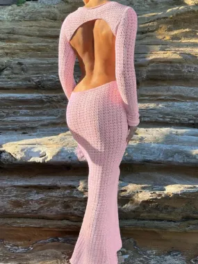 Metaversmall Sexy Pink Hollow Knit Sweater Dress Fall Winter 2023 Elegant Holiday Backless Long Sleeve Maxi Dresses Women C15-EZ37