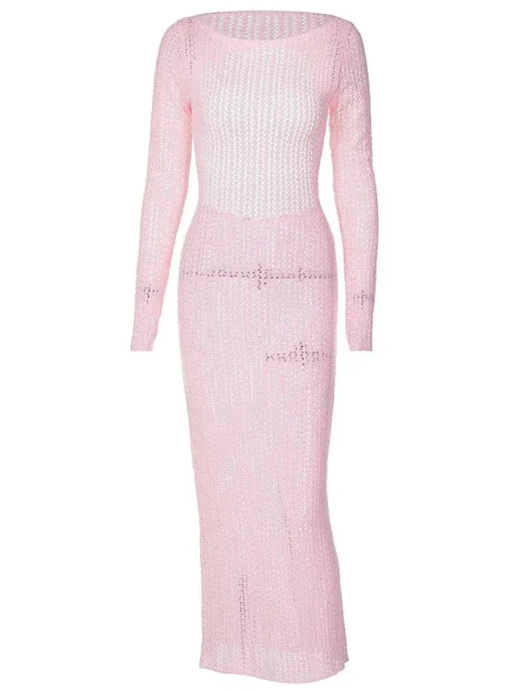 Metaversmall Sexy Pink Hollow Knit Sweater Dress Fall Winter 2023 Elegant Holiday Backless Long Sleeve Maxi Dresses Women C15-EZ37