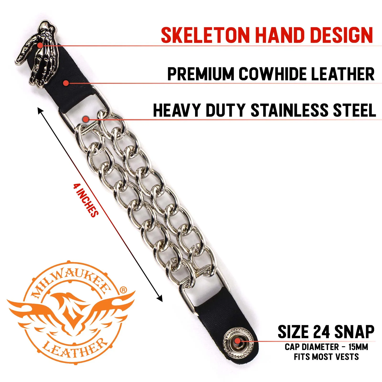 Milwaukee Leather Skeleton Hand Medallion Vest Extender - Double