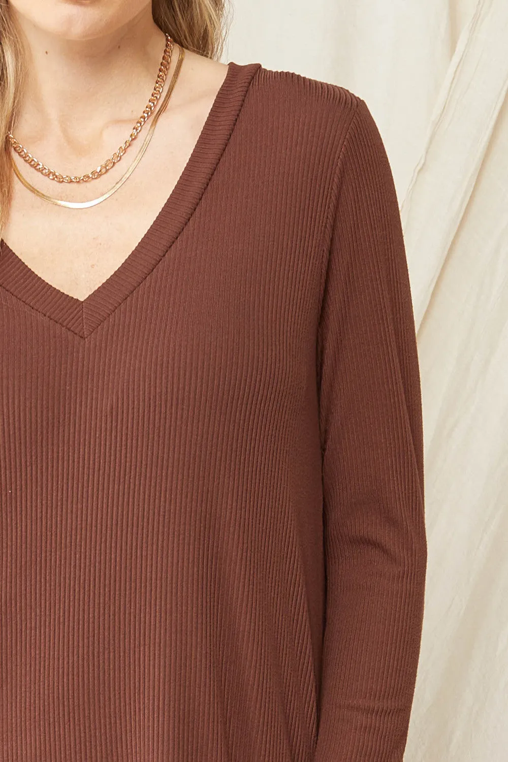 Mocha Ribbed V Neck Long Sleeve Sweater Dress