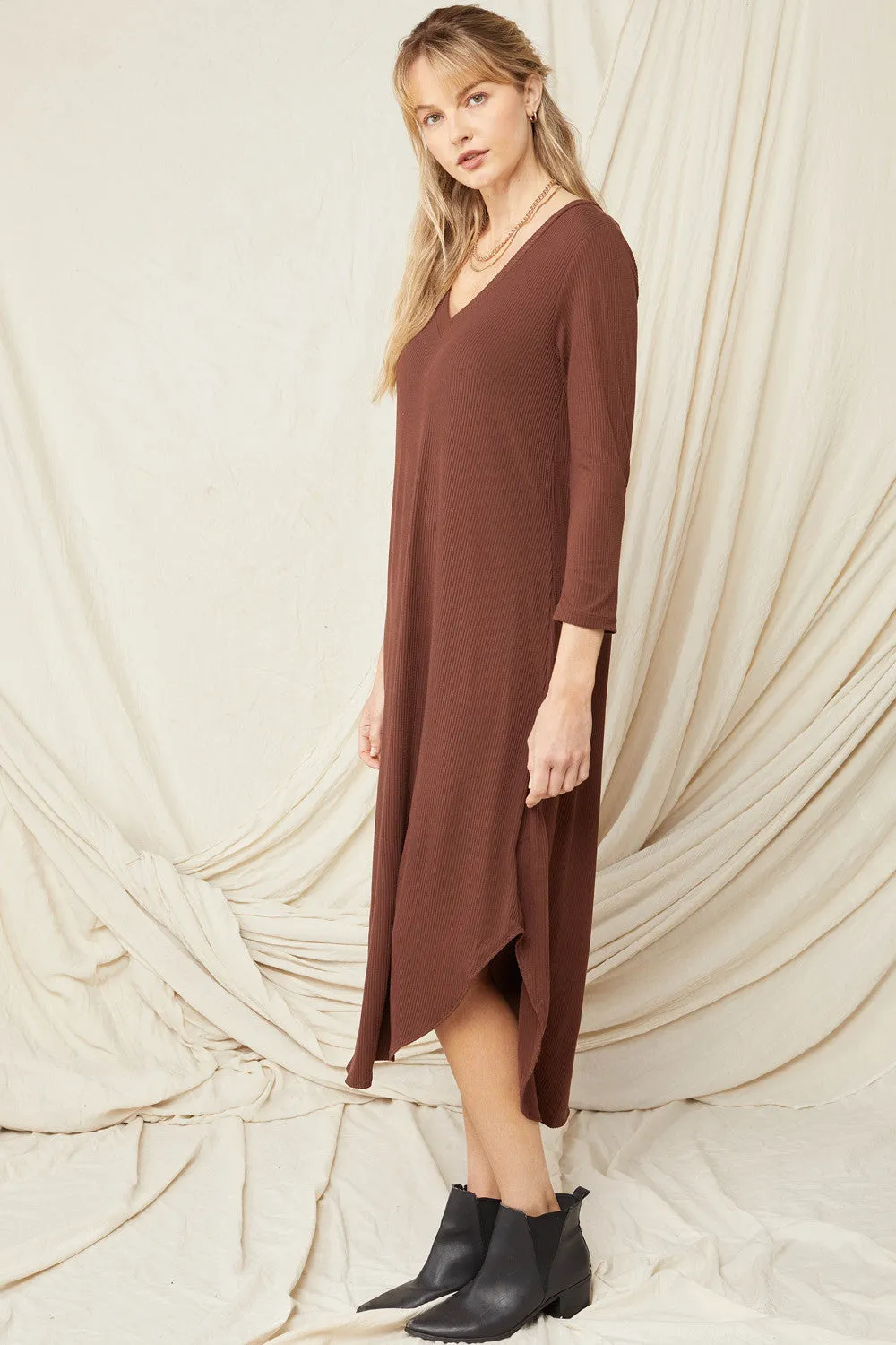 Mocha Ribbed V Neck Long Sleeve Sweater Dress