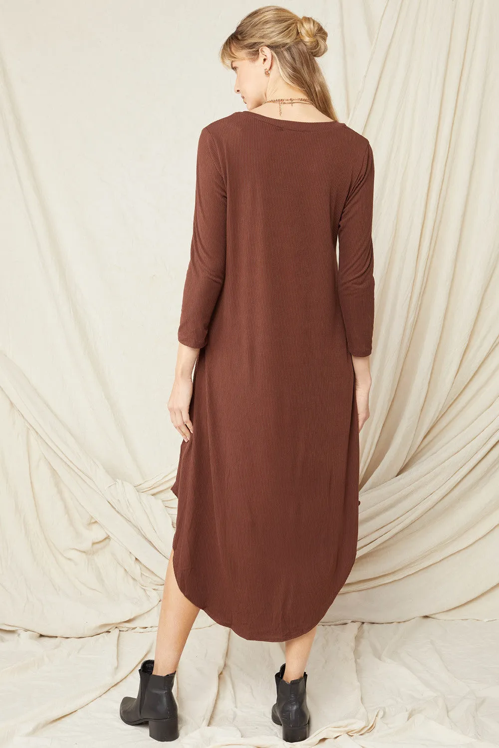 Mocha Ribbed V Neck Long Sleeve Sweater Dress