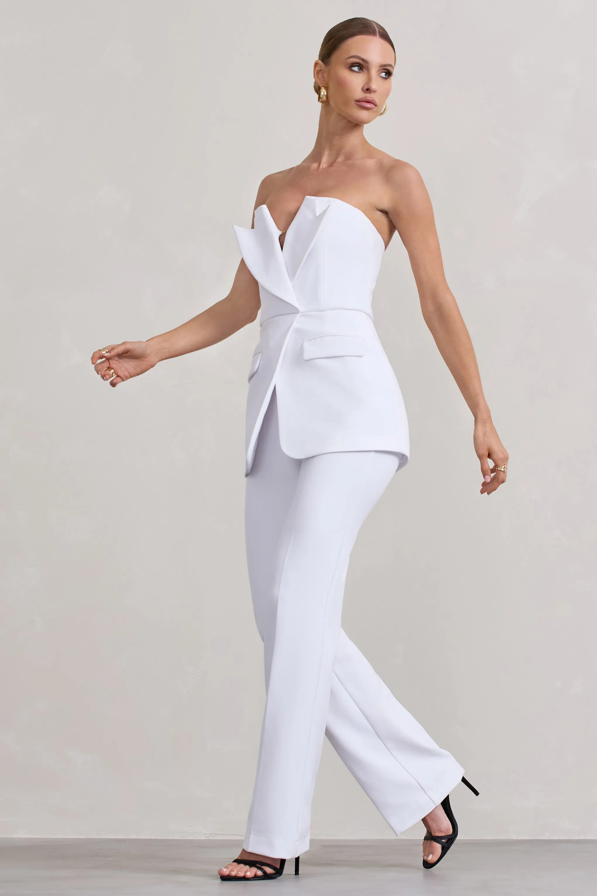 Money Moves | White Strapless Blazer-Inspired Straight-Leg Jumpsuit