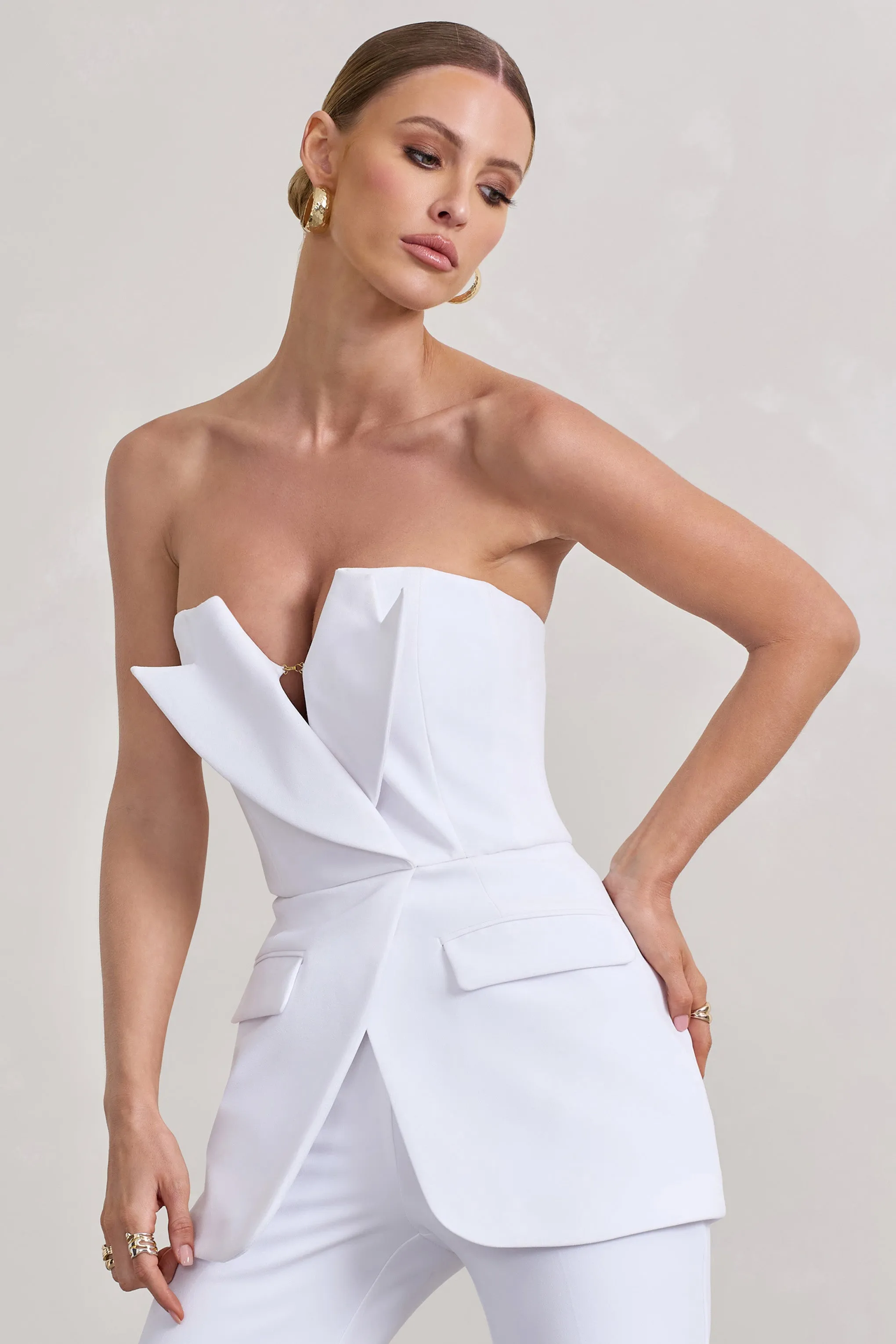 Money Moves | White Strapless Blazer-Inspired Straight-Leg Jumpsuit