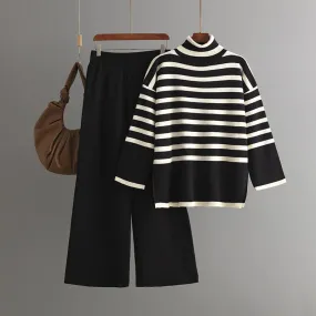 MS049 Autumn And Winter Striped Contrasting Color Turtleneck Loose Knitted Sweater 2-Piece Set