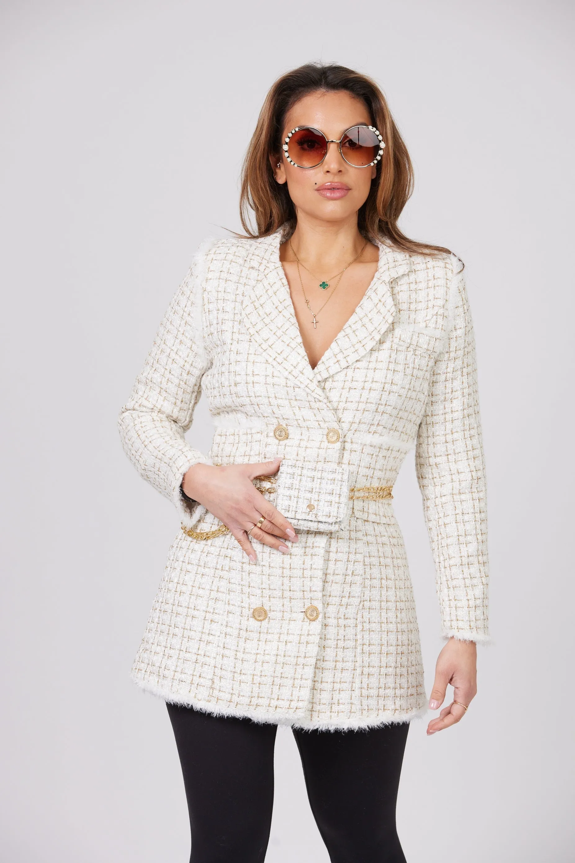 NANIA TEXTURED ECRU BLAZER DRESS WITH MATCHING BAG