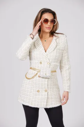 NANIA TEXTURED ECRU BLAZER DRESS WITH MATCHING BAG