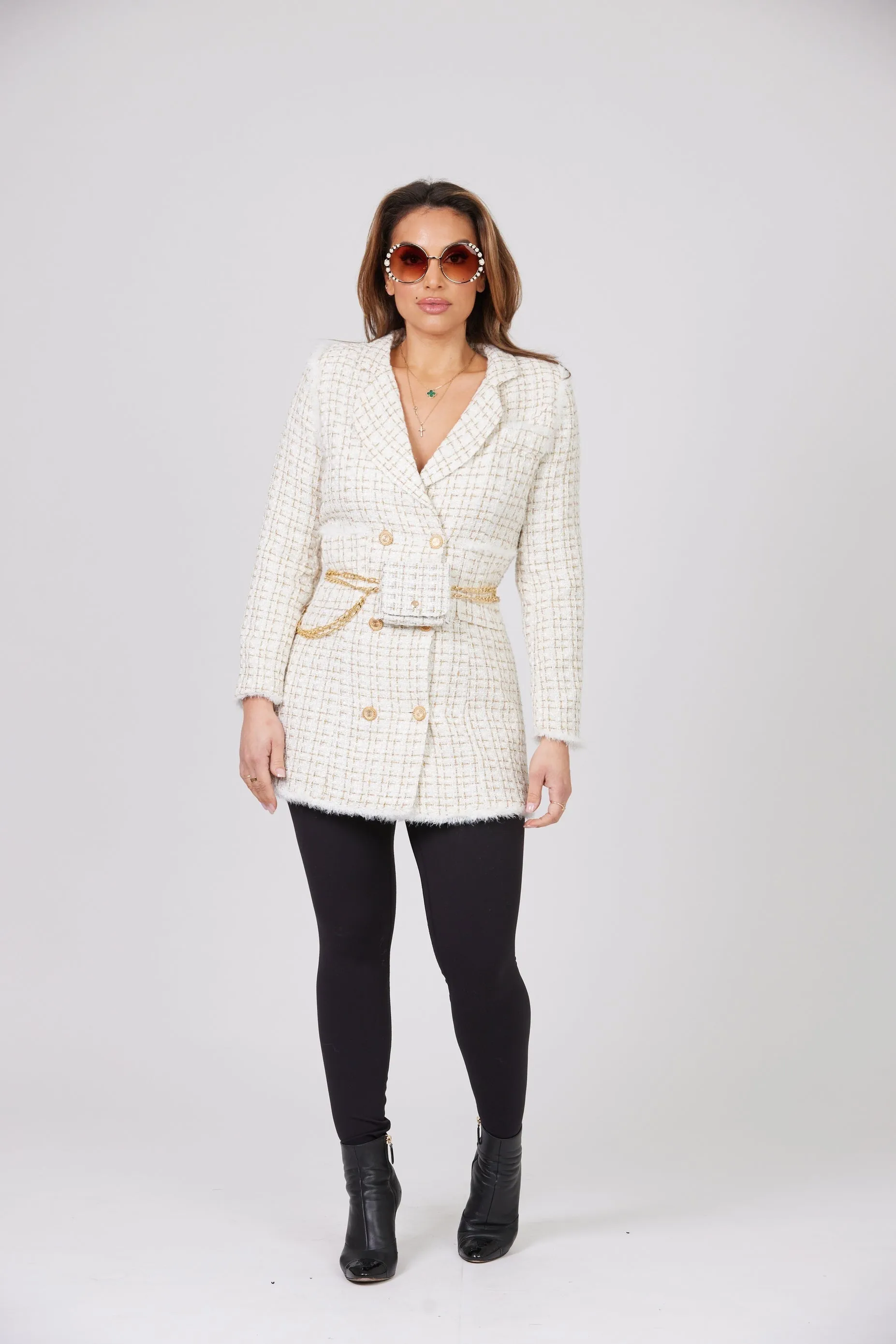 NANIA TEXTURED ECRU BLAZER DRESS WITH MATCHING BAG