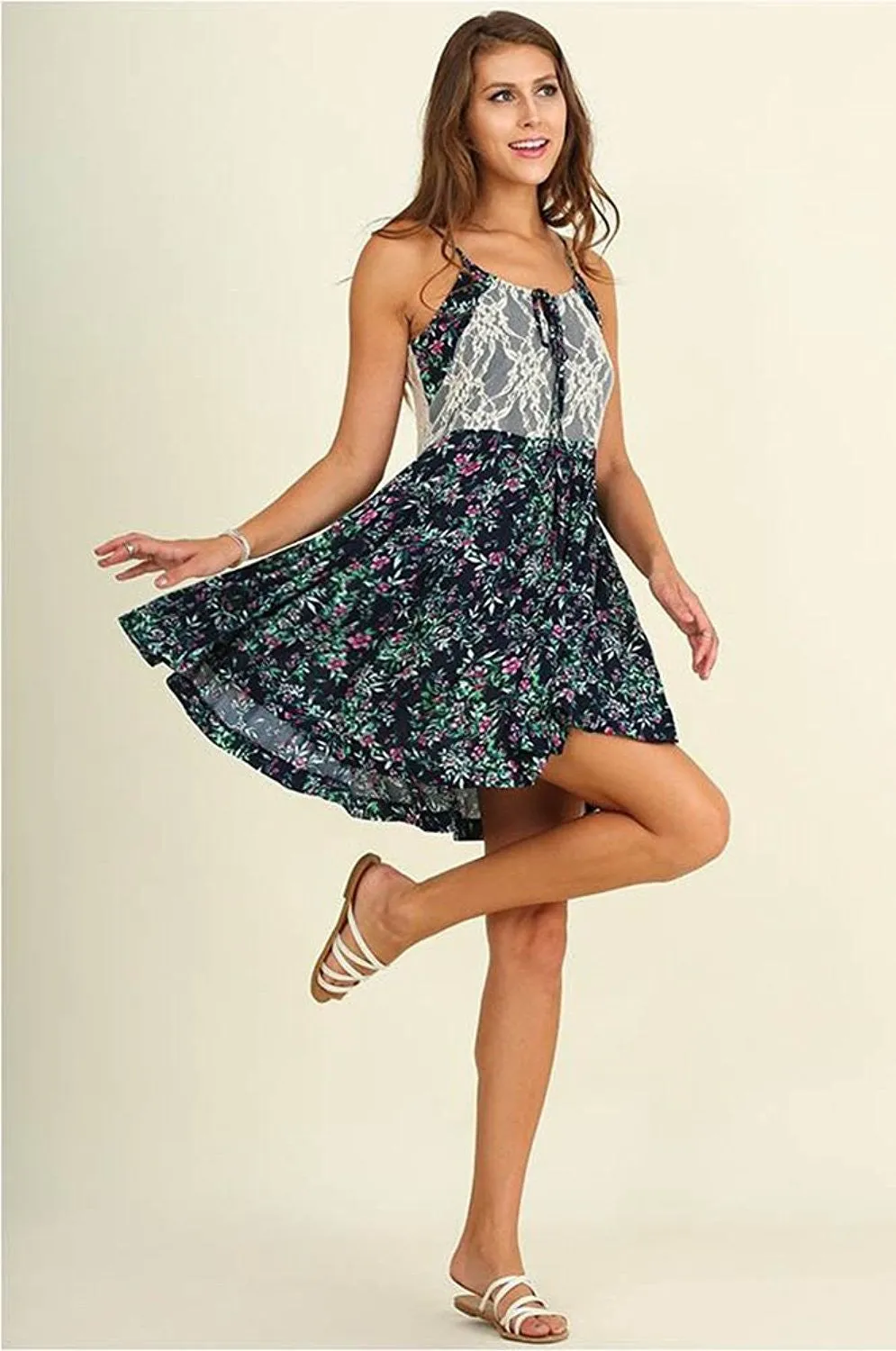 Navy Blue Floral Print Sleeveless Sheer Lace Dress