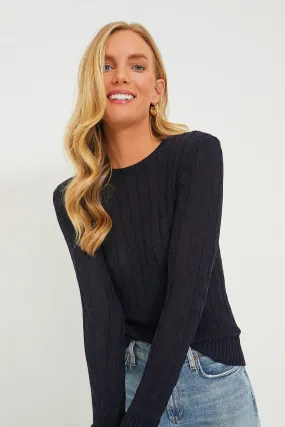 Navy Viscose Cotton Blend Long Sleeve Cableknit Pullover