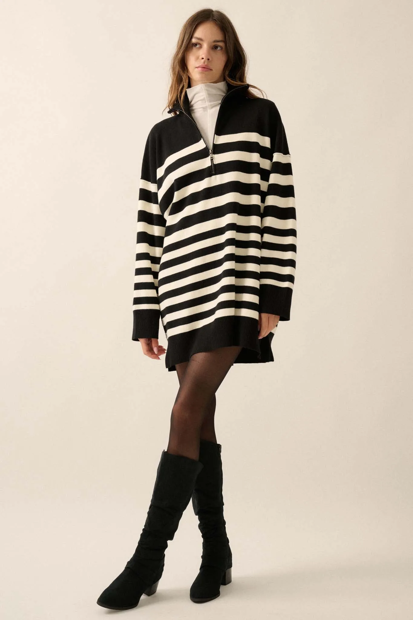 New Horizon Striped Half-Zip Mini Sweater Dress