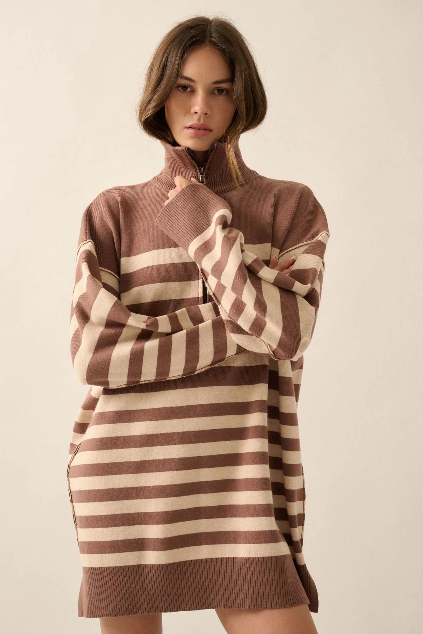 New Horizon Striped Half-Zip Mini Sweater Dress