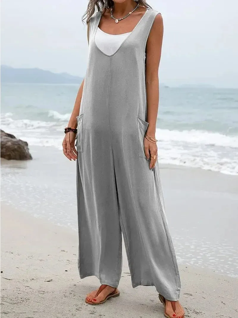 New Summer Women's Fashionable Solid Color Patch Bag Fashionable Jumpsuit V-neck Shoulder Strap Pants Wide Leg Long Pants