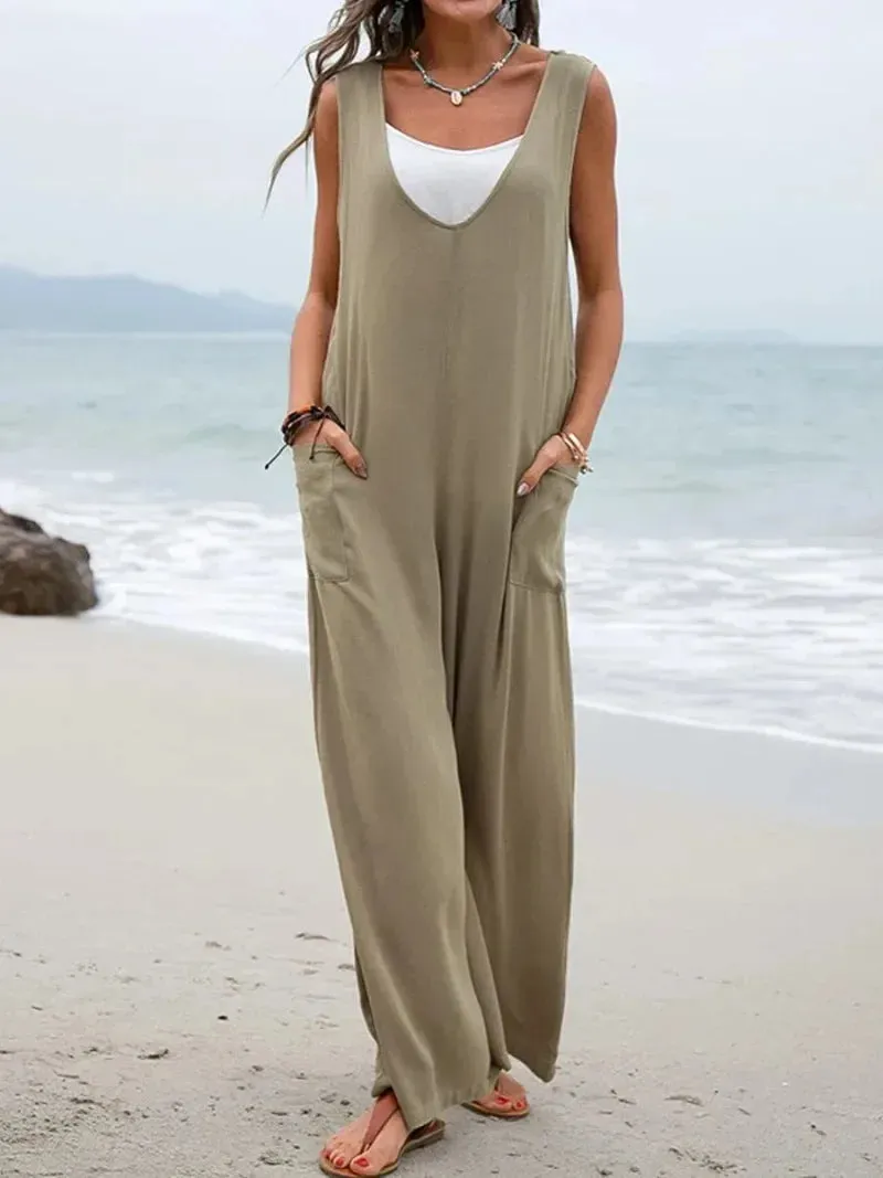 New Summer Women's Fashionable Solid Color Patch Bag Fashionable Jumpsuit V-neck Shoulder Strap Pants Wide Leg Long Pants