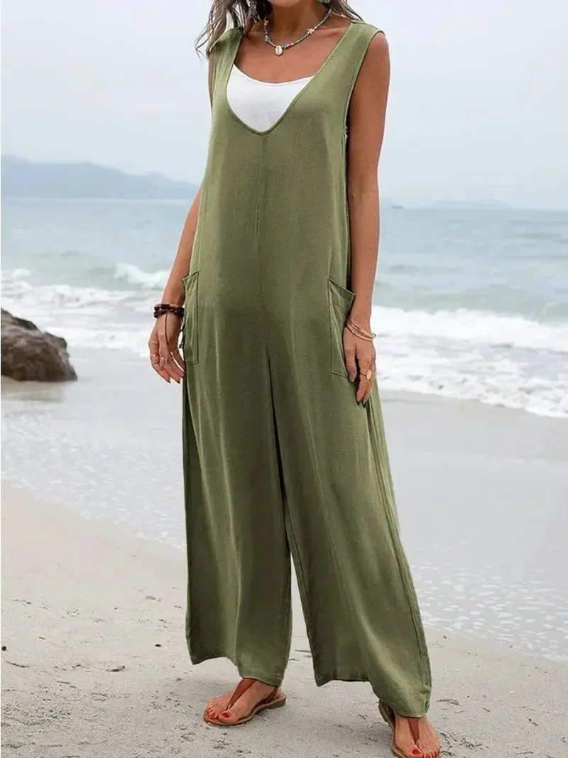 New Summer Women's Fashionable Solid Color Patch Bag Fashionable Jumpsuit V-neck Shoulder Strap Pants Wide Leg Long Pants