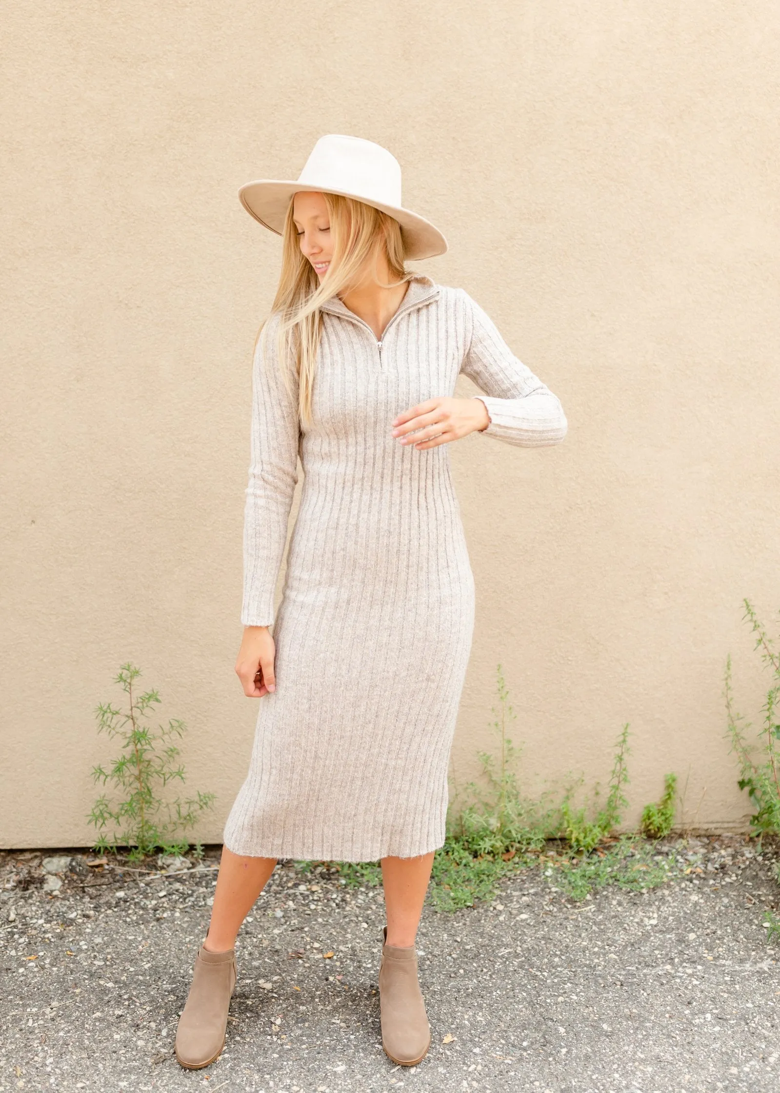 Oatmeal Rib Knit Turtleneck Dress