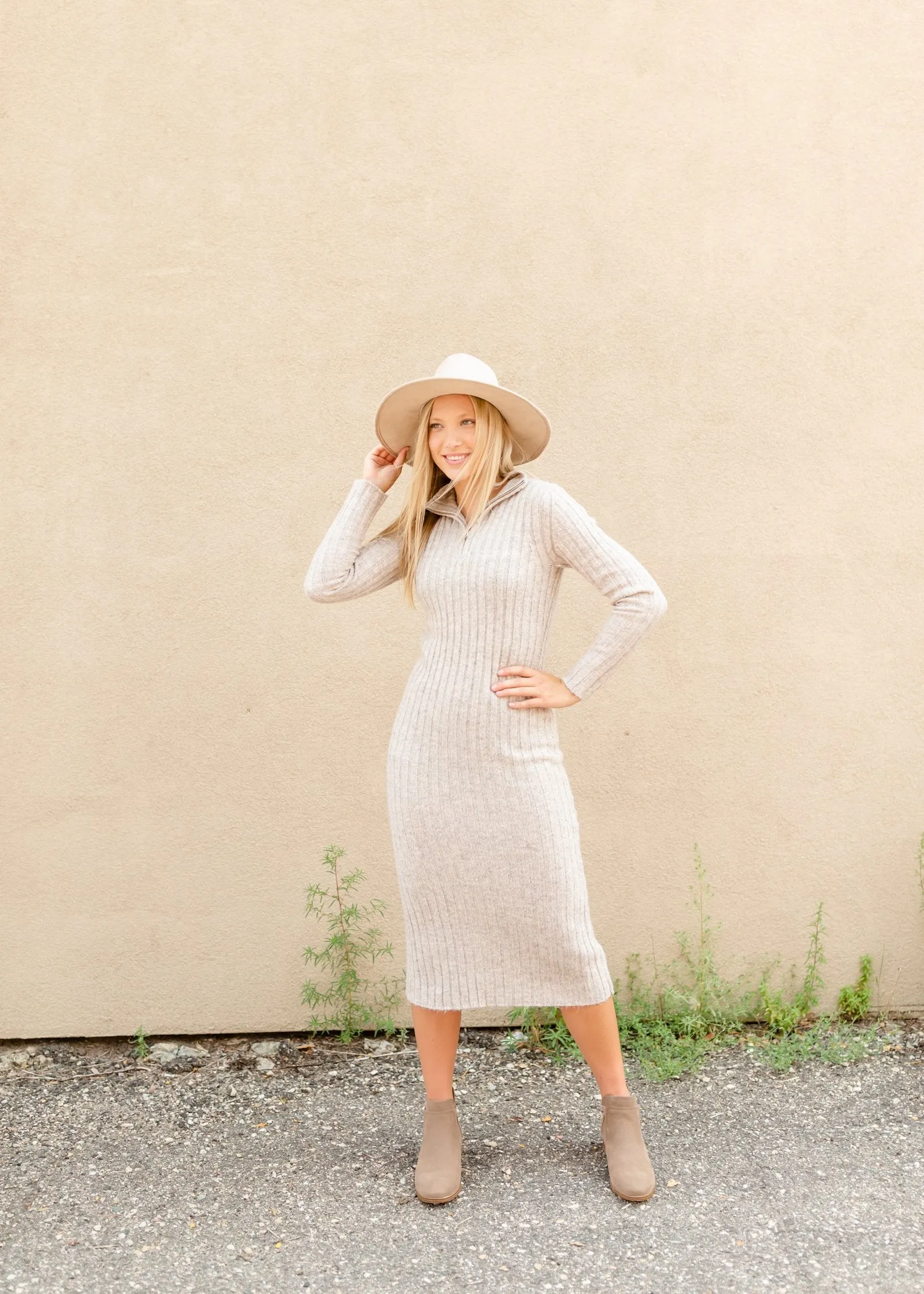 Oatmeal Rib Knit Turtleneck Dress